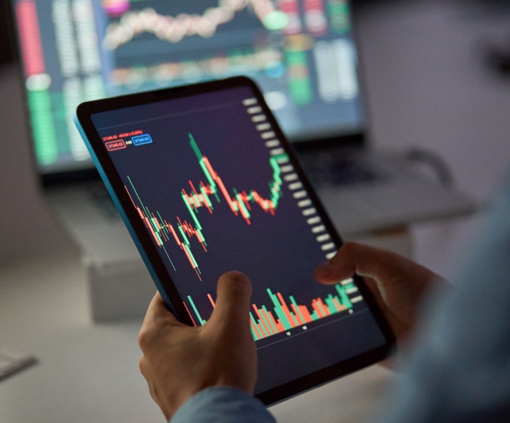 A person looking at a stock market graph on a tablet.